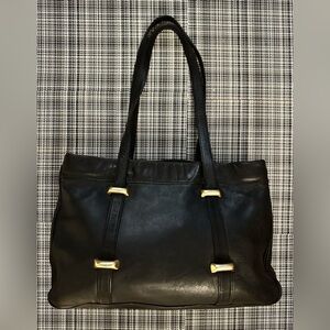 Perlina Black Leather Tote with Gold Hardware